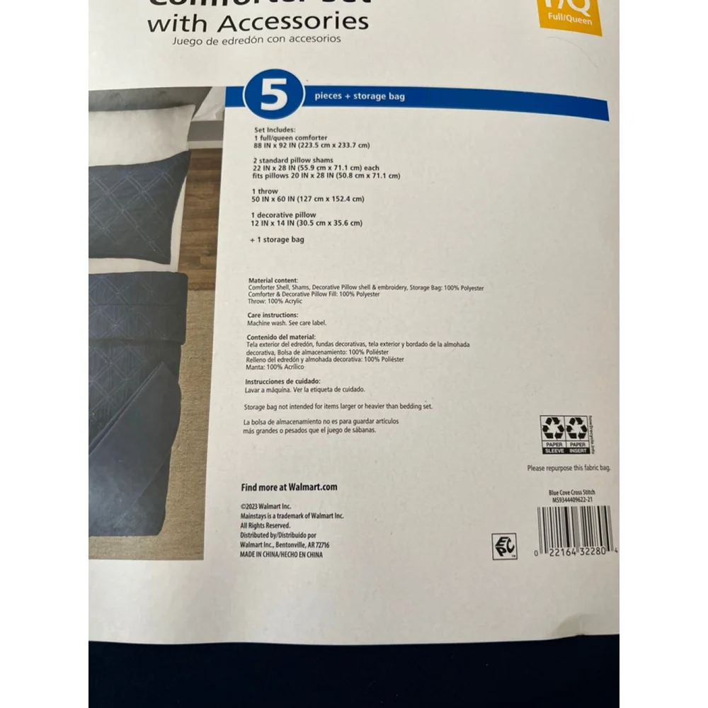 NEW Mainstays Full/Queen Navy Blue & Light Blue 5-Piece Comforter Set